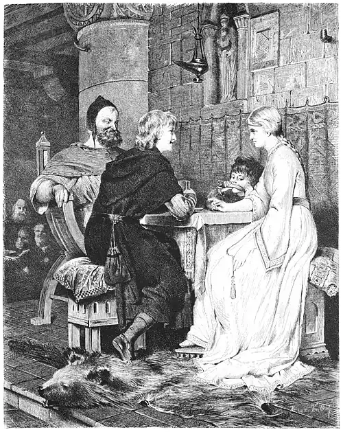 Die Gartenlaube (1877) b 813.jpg Immo und Hildegard. Aus dem „Nest der Zaunkönige“. Nach seinem Originalbilde ... auf Holz übertragen von Hermann Kaulbach in München