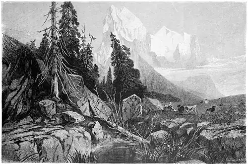 Die Gartenlaube (1878) b 025.jpg Das Well- und das Wetterhorn im Berner Oberland Originalzeichnung von Ludwig Hofelich in München (S)