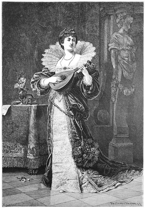 Die Gartenlaube (1878) b 053.jpg La Mandolinata Nach seinem Oelgemälde auf Holz übertragen von Ferdinand Wagner in München