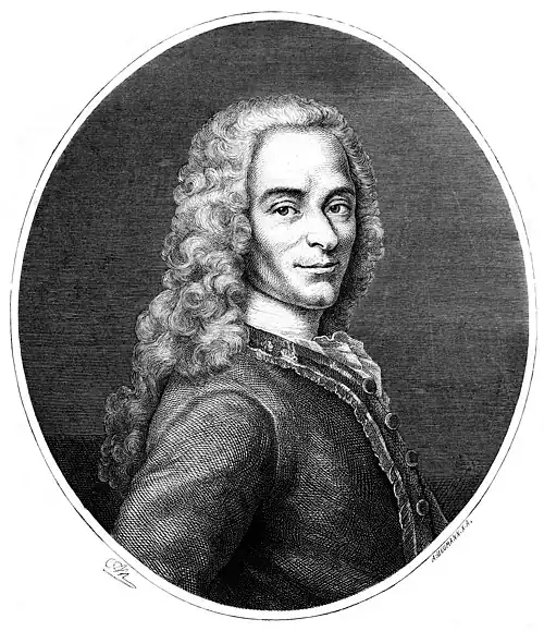 Die Gartenlaube (1878) b 359.jpg Marie Francois Arouet de Voltaire. Originalzeichnung von Adolf Neumann