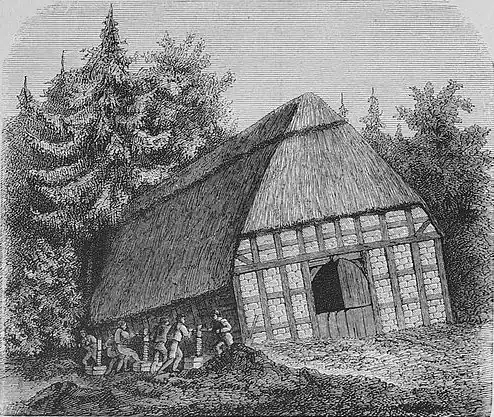 Die Gartenlaube (1878) b 764_1.jpg Aufschrauben einer Scheune in Waakhausen. Originalzeichnung von Ferdinand Lindner