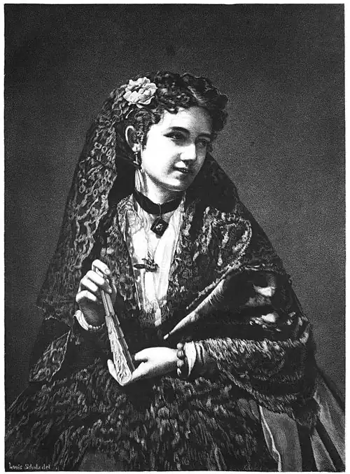 Die Gartenlaube (1879) b 025.jpg Mädchen von Madrid Nach einer spanischen Photographie auf Holz gezeichnet von Louis Schulz (S)