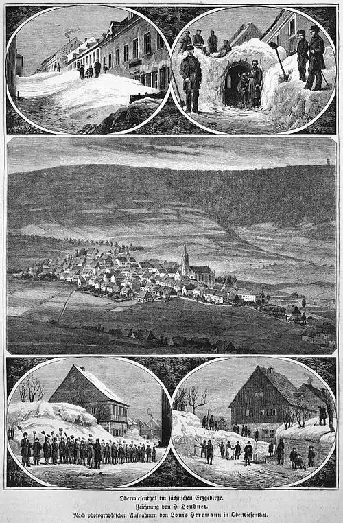 Die Gartenlaube (1879) b 185.jpg Oberwiesenthal im sächsischen Erzgebirge. Zeichnung von H. Heubner. Nach photographischen Aufnahmen von Louis Herrmann in Oberwiesenthal (S)