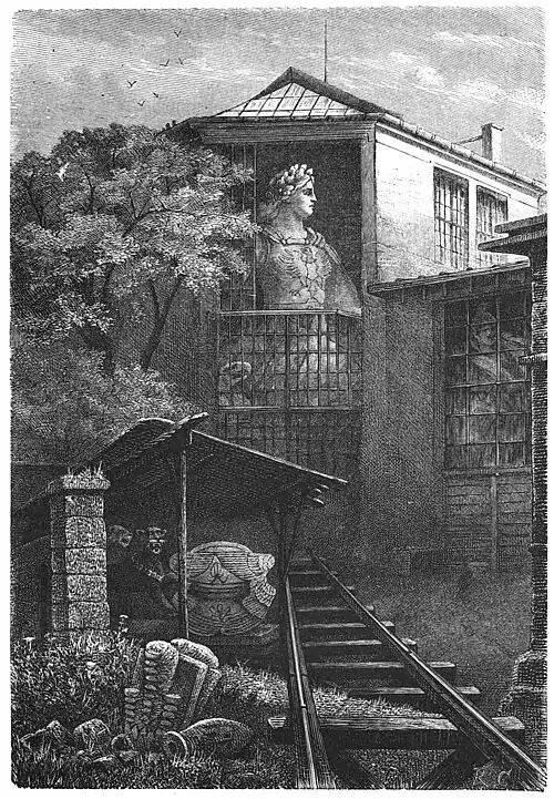 Die Gartenlaube (1879) b 420.jpg Das Nationaldenkmal für den Niederwald: Im Hofe der Werkstätten. Nach der Natur aufgenommen von Rudolf Cronau