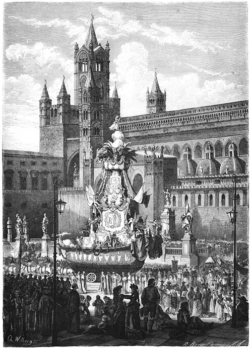 Die Gartenlaube (1879) b 469.jpg Rosalien-Festzug in Palermo zur Zeut der Bourbonen. Originalzeichnung von Ch. Wilberg in Berlin (S)