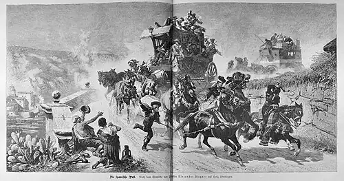 Die Gartenlaube (1880) b 084.jpg Die spanische Post. Nach dem Gemälde von Professor Alexander Wagner auf Holz übertragen