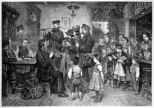 Die Gartenlaube (1881) b 101.jpg Fahrende Musikanten im Dorfwirthshaus Nach einem Oelgemälde auf Holz gezeichnet von W. Grossmann (S)