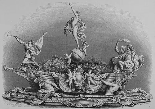 Die Gartenlaube (1881) b 217.jpg Aus dem Hochzeitsgeschenk für das prinzliche Paar Das Schiff. Entworfen von Baurath Heyden, modellirt von Eberlein und Schleih