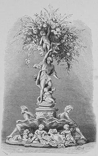 Die Gartenlaube (1881) b 220.jpg Aus dem Hochzeitsgeschenk für das prinzliche Paar Blumenträger. Entworfen von Baurath Heyden, modellirt von Wiese