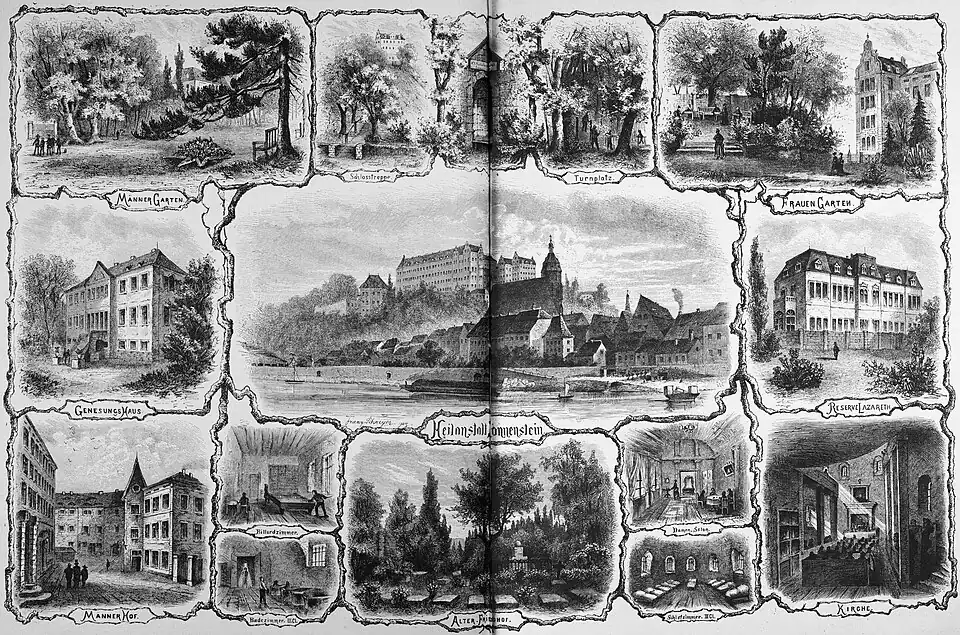 Die Gartenlaube (1881) b 332.jpg Heilanstalt Sonnenstein bei Pirna Originalzeichnung von F. Schreyer (D)