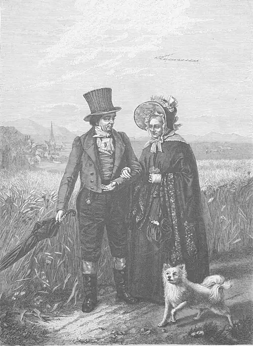 Die Gartenlaube (1881) b 469.jpg Ein Spaziergang zu Großvaters Zeit Nach seinem Gemälde auf Holz gezeichnet von Fritz Siemering