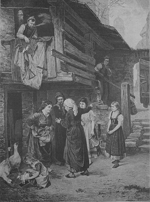 Die Gartenlaube (1881) b 493.jpg Im Klatschwinkel Nach dem Gemälde von C. M. Seyppel (S)