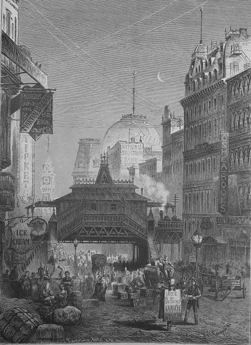Die Gartenlaube (1881) b 509.jpg Straßenleben in New-York Nach der Natur gezeichnet von dem Specialartisten der „Gartenlaube“ Rudolf Cronau (S)
