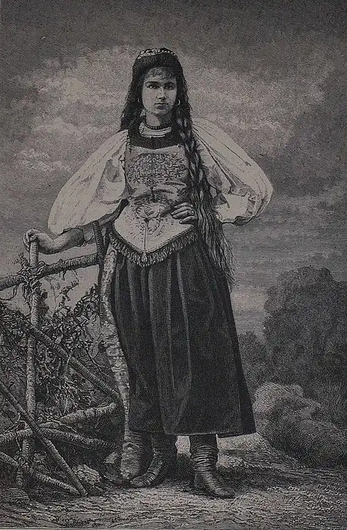 Die Gartenlaube (1881) b 528.jpg Ungarin aus dem Banat Nach den „Oesterreichisch-Ungarischen Nationaltrachten“ (R. Lechner’s Verlag Wien) auf Holz übertragen.