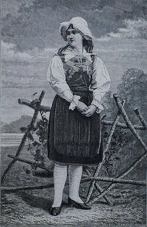 Die Gartenlaube (1881) b 529.jpg Gailthalerin aus Kärnten Nach den „Oesterreichisch-Ungarischen Nationaltrachten“ (R. Lechner’s Verlag Wien) auf Holz übertragen.