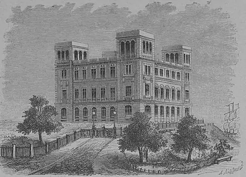 Die Gartenlaube (1881) b 608.jpg Das neue Heim der deutschen Seewarte in Hamburg Nach einer für ihre „Mitarbeiter zur See“ gestifteten Medaille