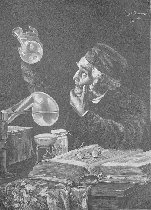Die Gartenlaube (1881) b 621.jpg „Heureka! - Ich hab’s gefunden“ Nach seinem Oelgemälde auf Holz gezeichnet von Otto Goldmann (S)