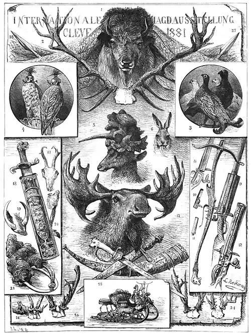 Die Gartenlaube (1881) b 745.jpg Die hervorragensten Gegenstände der internationalen Jagd-Ausstellung in Cleve Originalzeichnung von L.Beckmann (S)