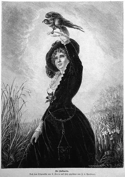 Die Gartenlaube (1881) b 777.jpg Die Falknerin Nach dem Oelgemälde von L. Sorio auf Holz gezeichnet von J. v. Barbieri (S)