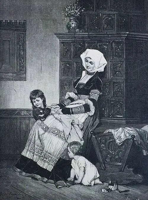 Die Gartenlaube (1881) b 813.jpg Mutterfreuden Nach einem Oelgemälde von Robert Beyschlag (S)