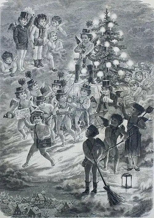 Die Gartenlaube (1881) b 869.jpg Die himmlische Weihnachtspost Original-Zeichnung von Paul Heydel (S)