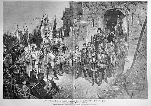 S. 12: Agnes von Zesyma-Rosenberg übergiebt die väterliche Burg dem Hussitenfeldherrn Prokop dem Großen. Oelgemälde von W. Beckmann in Düsseldorf. Nach einer Photographie von F. Hanfstängl in München auf Holz übertragen