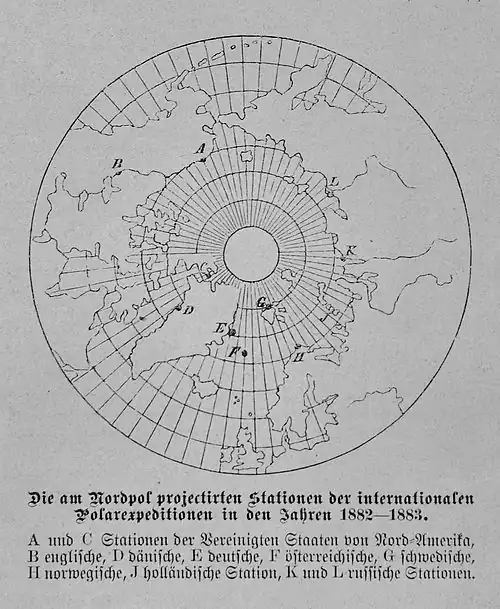S. 148: Die am Nordpol projectierten Stationen der internationalen Polarexpeditionen in den Jahren 1882-1883