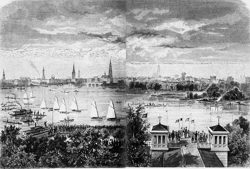 S. 500: Segelregatta auf der Außenalster bei Hamburg, vom Thurme des Ahlenhorster Fährhauses gesehen. Originalzeichnung von W. Heuer (D)