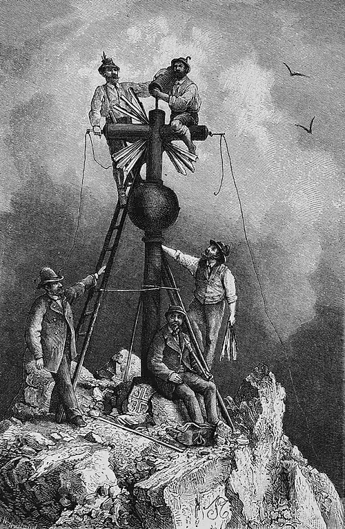 S. 661: Aufrichten des Kreuzes auf dem Ostgipfel der Zugspitze durch Mitglieder des „Deutsch-österreichischen Alpenvereins“ (Section ?München?)