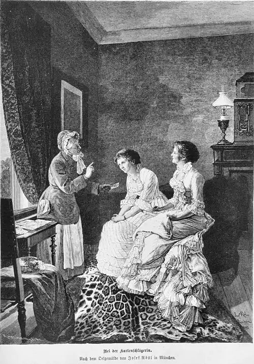 Die Gartenlaube (1883) b 101.jpg Bei der Kartenschlägerin. Nach dem Oelgemälde von Josef Rösl in München.
