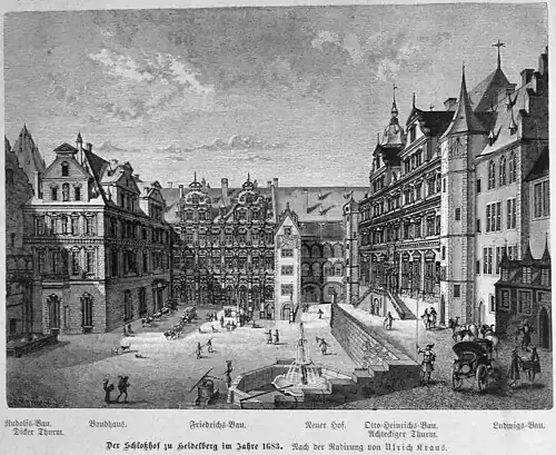 Die Gartenlaube (1883) b 128.jpg Der Schloßhof zu Heidelberg im Jahre 1683. Nach der Radirung von Ulrich Kraus