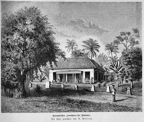 Die Gartenlaube (1883) b 145.jpg Europäisches Landhaus bei Batavia. Auf Holz gezeichnet von A. Goering
