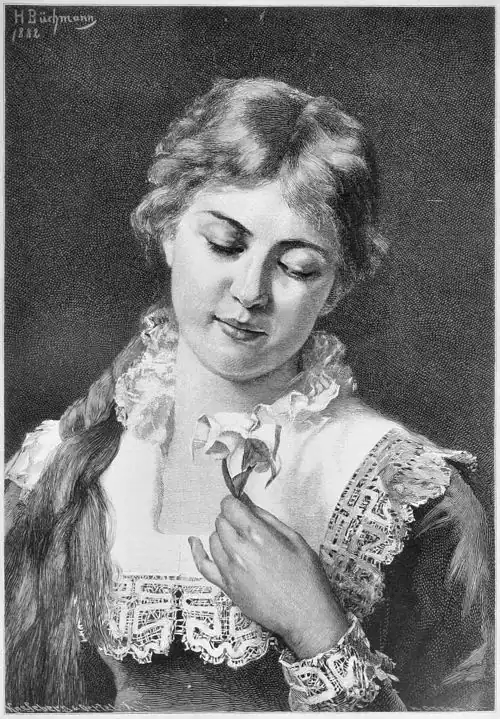 Die Gartenlaube (1883) b 321.jpg Album schöner Frauenköpfe: 7. „Wenn Blüthenträume reifen“. Nach dem Oelgemälde von Helene Büchmann