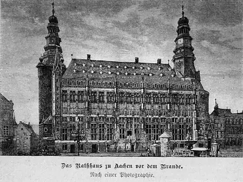 Die Gartenlaube (1883) b 473 1.jpg Das Rathhaus zu Aachen vor dem Brande. Nach einer Photographie.