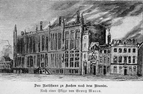 Die Gartenlaube (1883) b 473 2.jpg Das Rathhaus zu Aachen nach dem Brande. Nach einer Skizze von Georg Macco.