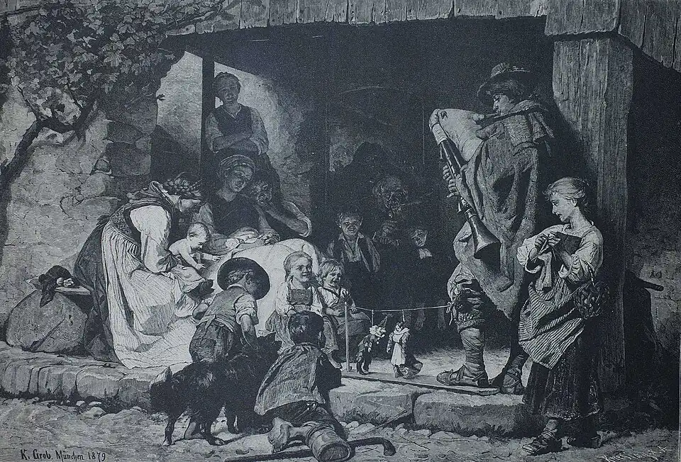 Die Gartenlaube (1884) b 045.jpg (S) Der Pifferaro auf Reisen. Nach dem Oelgemälde von K. Grob in München