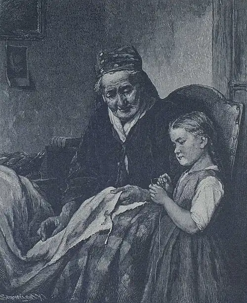 Die Gartenlaube (1884) b 316.jpg Großmutters Gehülfin Nach dem Gemälde von Jos. Miller