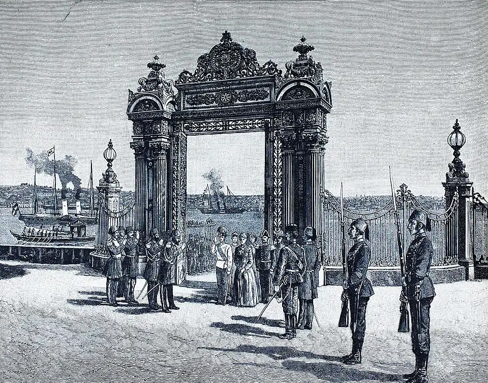 Die Gartenlaube (1884) b 352.jpg Ankunft in Dolma-Bagdsche Nach einer Originalskizze unsers Specialartisten