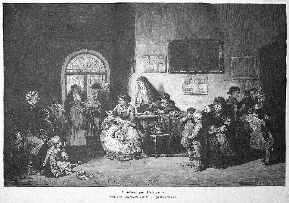 Die Gartenlaube (1884) b 477.jpg (S) Anmeldung zum Kindergarten Nach dem Oelgemälde von S. Zimmermann