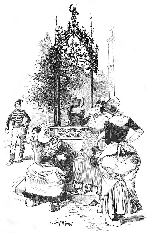 Die Gartenlaube (1884) b 679.jpg Flandrische Mädchen am am Mallys-Brunnen in Antwerpen. (Hermann Schlittgen)