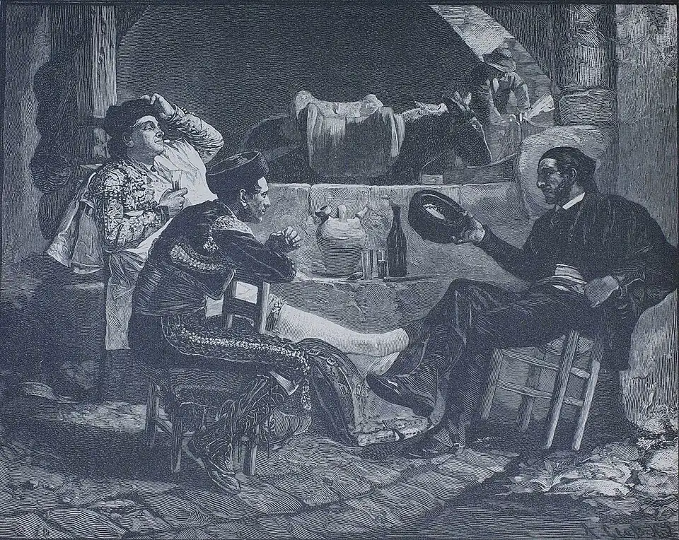 Die Gartenlaube (1884) b 788.jpg Rast der Maulthiertreiber Nach dem Oelgemälde von J. G. Vibert