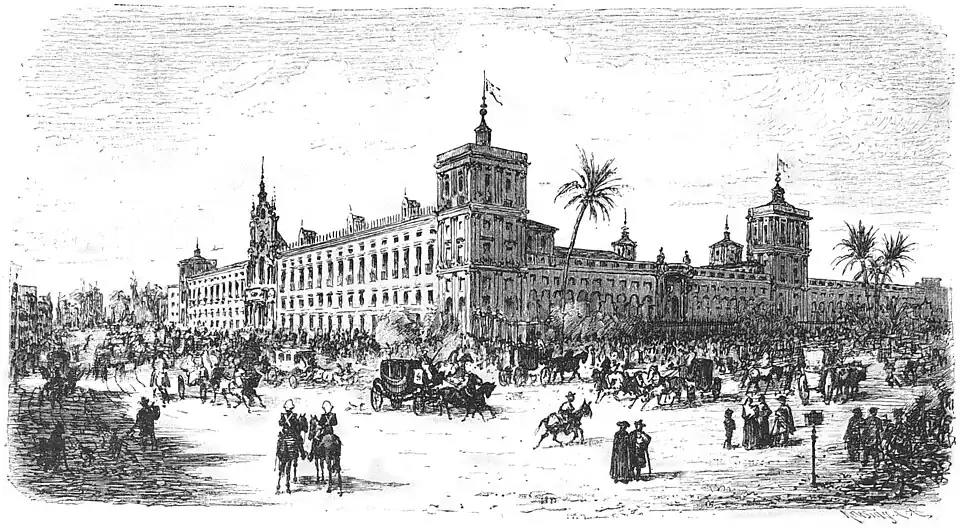 Die Gartenlaube (1884) b 789_1.jpg Corso de las Delicias mit dem Palaste Montpensier in Sevilla Originalzeichnung von Prof. Alex. Wagner