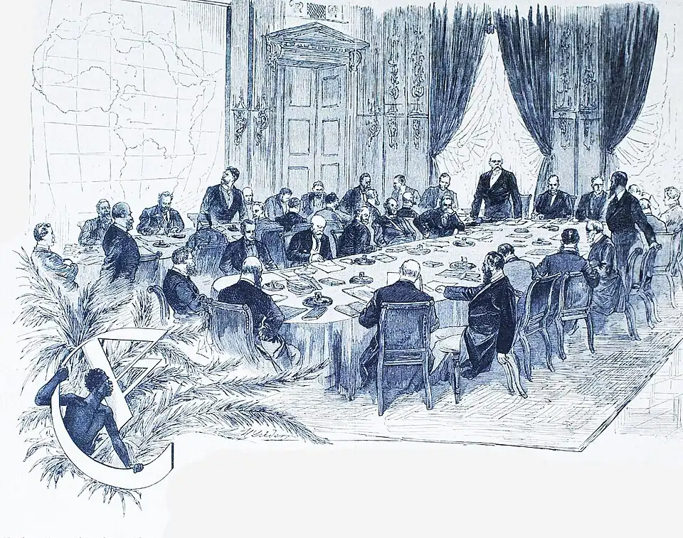Die Gartenlaube (1884) b 805.jpg Die westafrikanische Conferenz in Berlin Originalzeichnung von H. Lüders