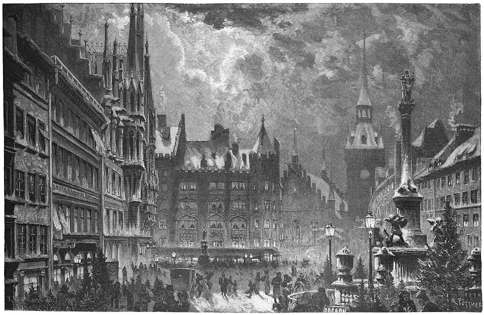 Die Gartenlaube (1884) b 840.jpg (S) Der Marienplatz in München vor Weihnachten Originalzeichnung von R. Püttner