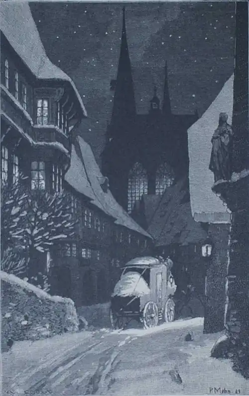 Die Gartenlaube (1884) b 843.jpg Aus allen Häusern an welchen die Postchaise vorbeihumpelte, strahlte der Lichterbaum
