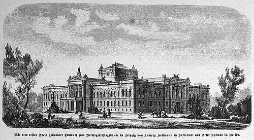 Die Gartenlaube (1885) b 249.jpg Mit dem ersten Preis gekrönter Entwurf zum Reichsgerichtsgebäude in Leipzig von Ludwig Hoffmann in Darmstadt und Peter Dybwad in Berlin