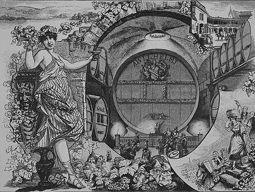 Die Gartenlaube (1885) b 689.jpg Das Riesenfaß der A. Wilhelmj’schen Kellerei zu Hattenheim