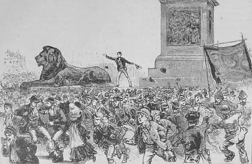 Die Gartenlaube (1886) b 180 1.jpg Schluß der Volksversammlung auf dem Trafalgar Square Nach der Zeitschrift: „The Illustrated London News“