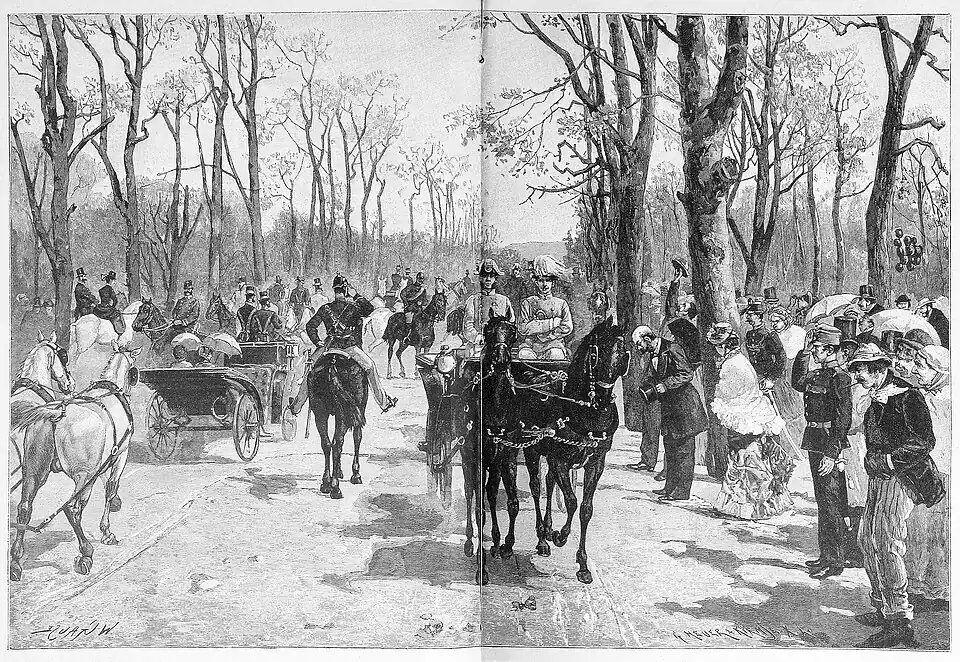 Die Gartenlaube (1886) b 328.jpg (D) Korsofahrt im Wiener Prater am 1. Mai Originalzeichnung von W. Gause