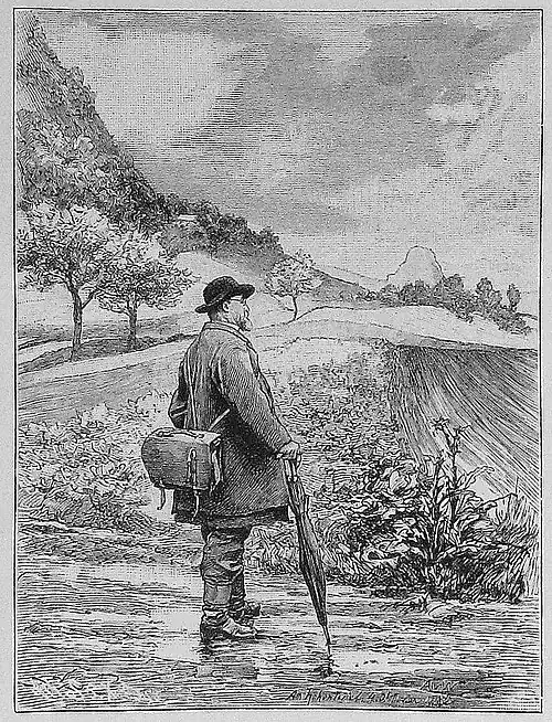 Die Gartenlaube (1886) b 343.jpg Scheffel auf einer Fußreise am Hohentwiel Nach einer Zeichnung von Anton von Werner